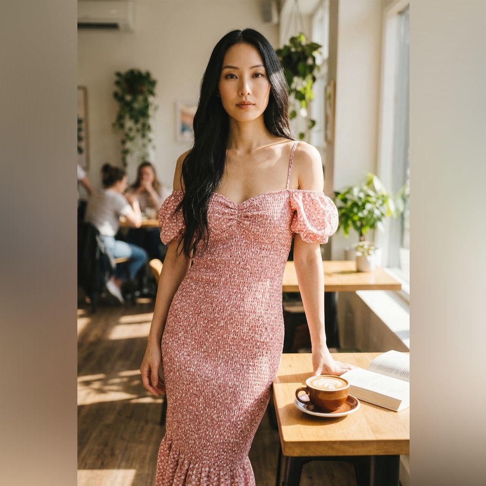 Revamped Pink Smocked Off-Shoulder Dress